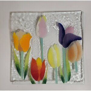 William McGrath Fused Glass Square Plate Multicolor Tulips 7x7 in